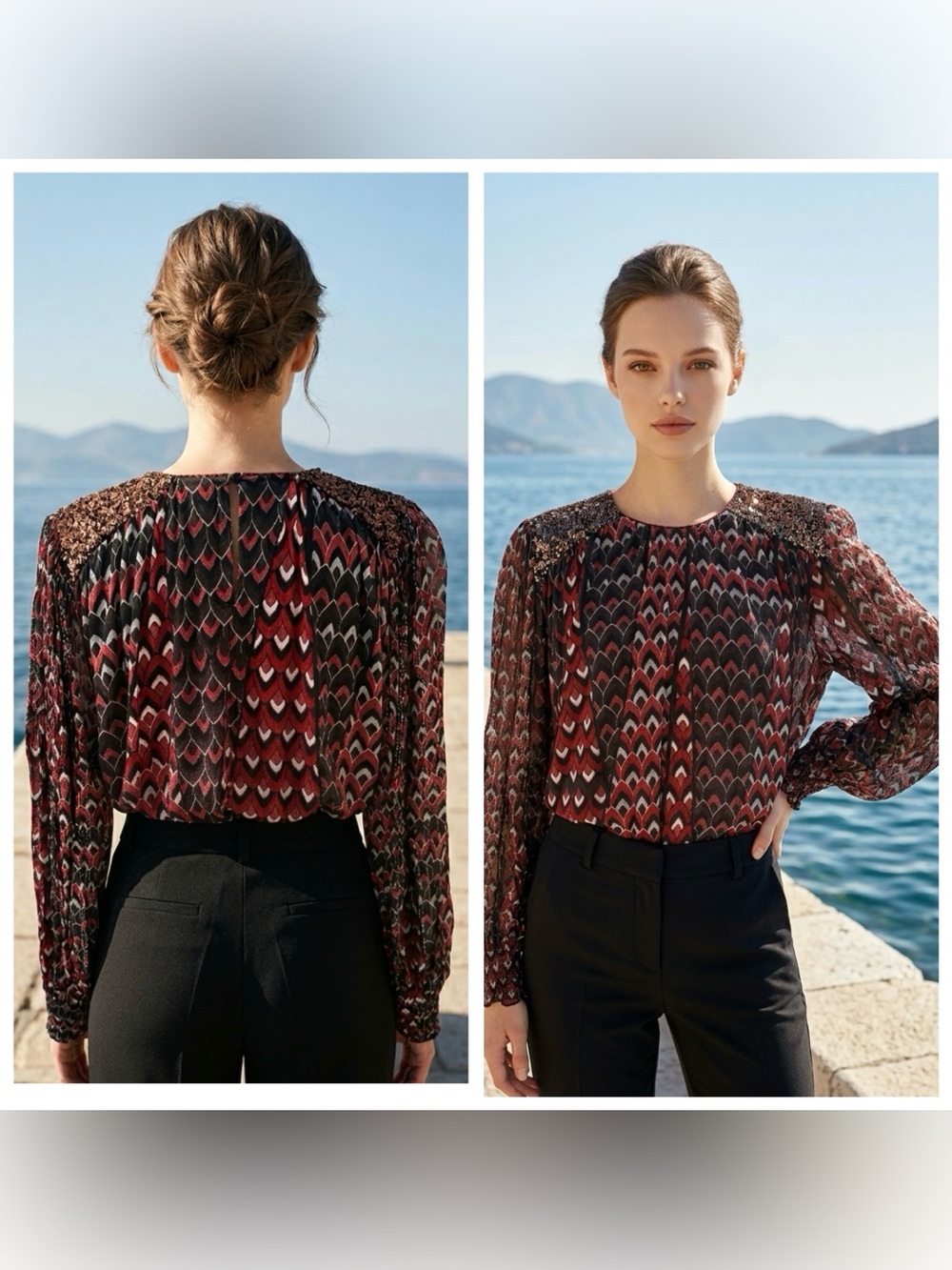 Bl-nk London x Anthropologie Women Sz L Sequin-Embellished Smocked sleeve Blouse